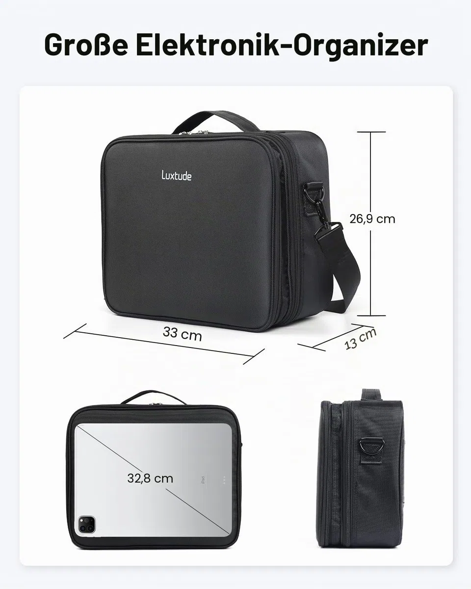 Luxtude Elektronischer Organizer, Reisetasche, groß, doppellagig, Tech-Tragetasche, Kabel-Organizer, Tasche, große Ladegerät-Tasche, Elektronik-Hülle für iPad (bis zu 12,9 Zoll)