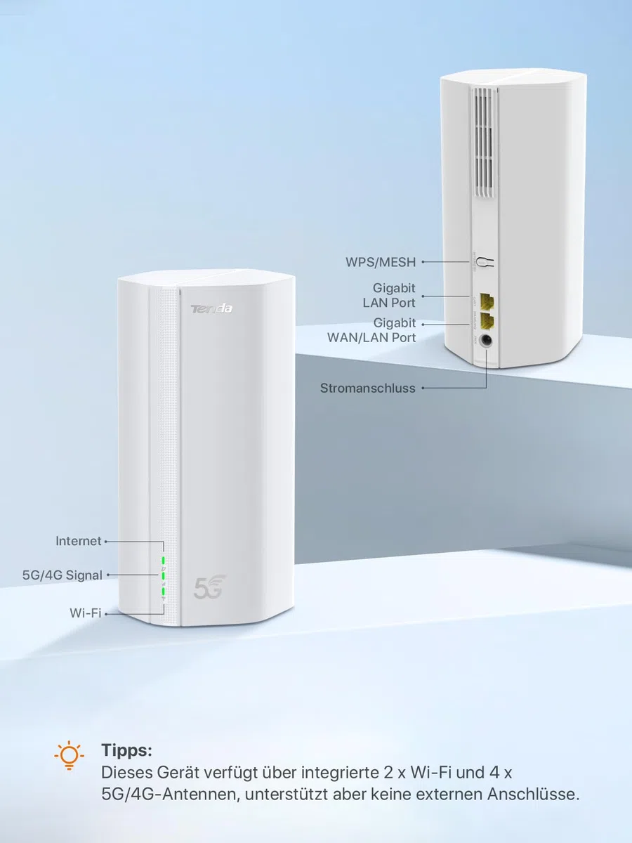 Tenda 5G01 5G NR Router für Nano SIM Karten, Wi-Fi 6 1500Mbps, 5G/4G LTE Modem mit Dual Band, Plug & Play, Gigabit WAN/LAN Port, 6 x Interne Antennen, Mesh Wi-Fi+, 5G Router - Einstiegslevel