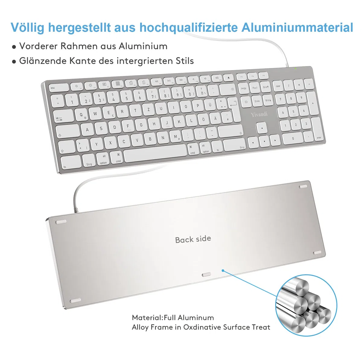 Kabelgebundene Tastatur mit Ziffernblock für Apple Mac OS, Eleganter Vollaluminiumrahmen, Deutsches QWERTZ-Layout, Plug-it-Play USB Tastatur für iMac/Mac mini/MacBook