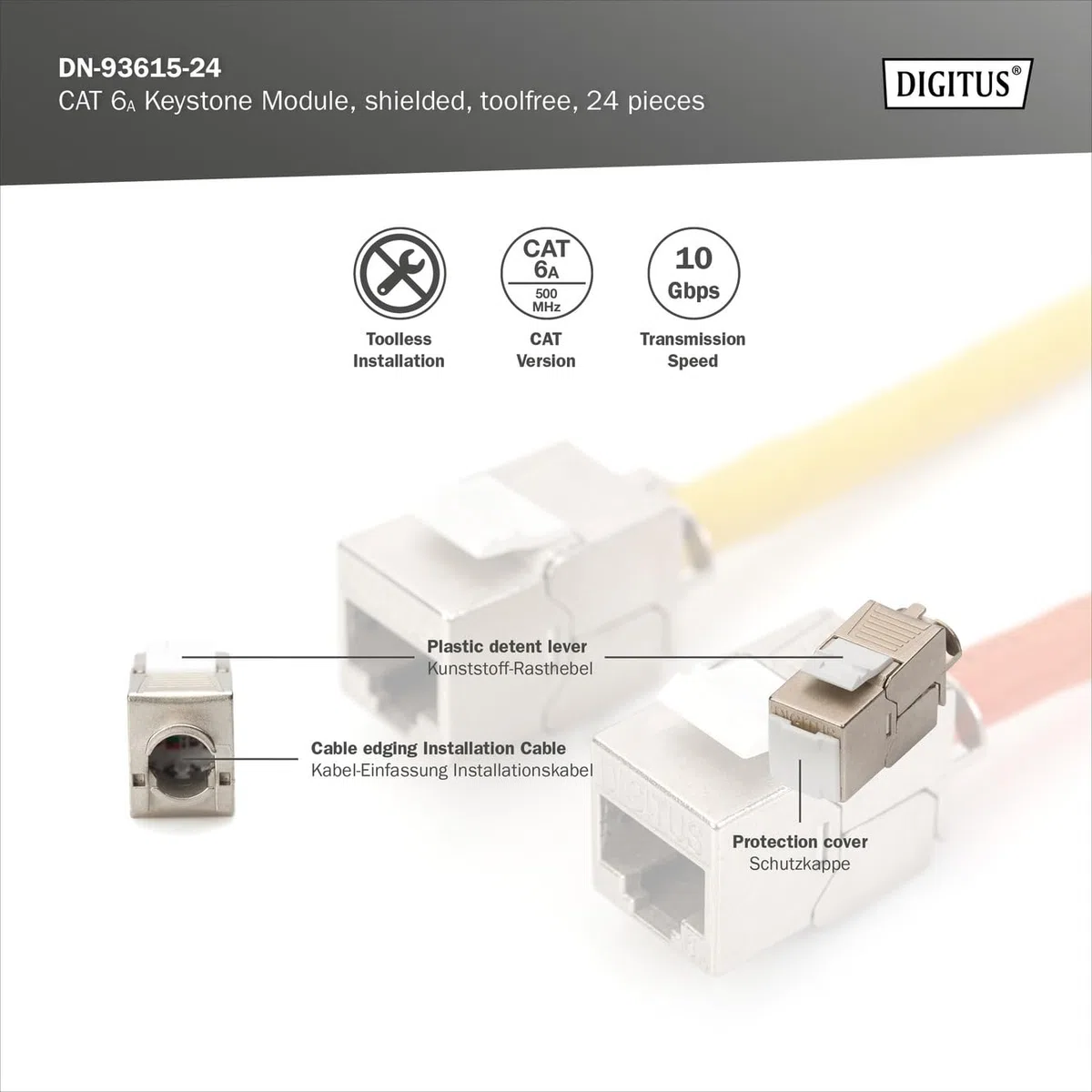 DIGITUS Keystone-Modul Cat 6A – 24 Stück – Geschirmt – 500 MHz 10Base-T | Werkzeugfrei – LSA – PoE++ – AWG 26-22 – RJ45 Buchse – 10 Gbit/s – Für Anschlussdosen und Patchfelder