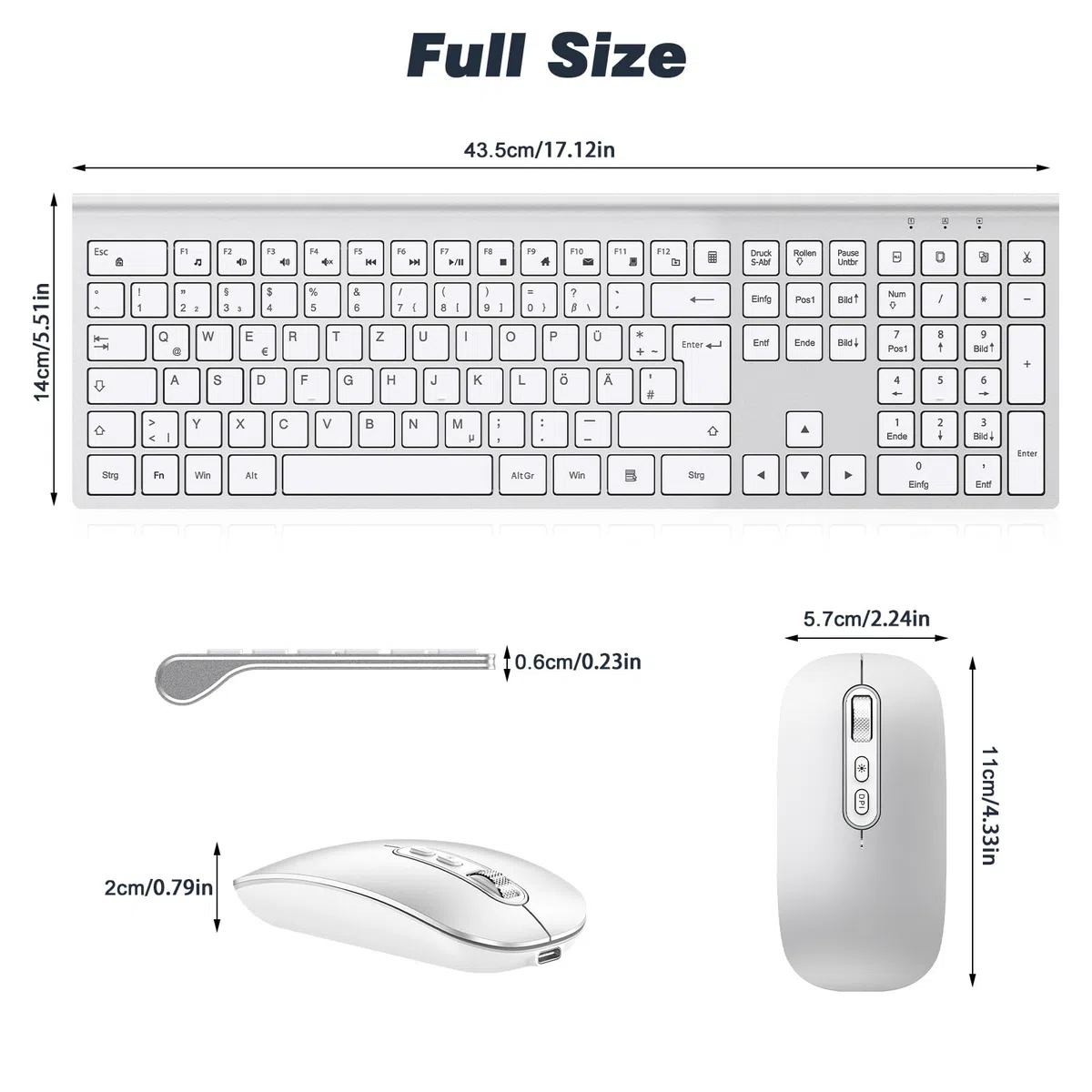 cimetech Tastatur Maus Set Kabellos, Ultra-Dünne Wiederaufladbare Kabellose Tastatur und Maus Ergonomisch Funktastatur QWERTZ Layout, Ultra SlimThin für Computer/Desktop/PC/Laptop/Windows (Silber)