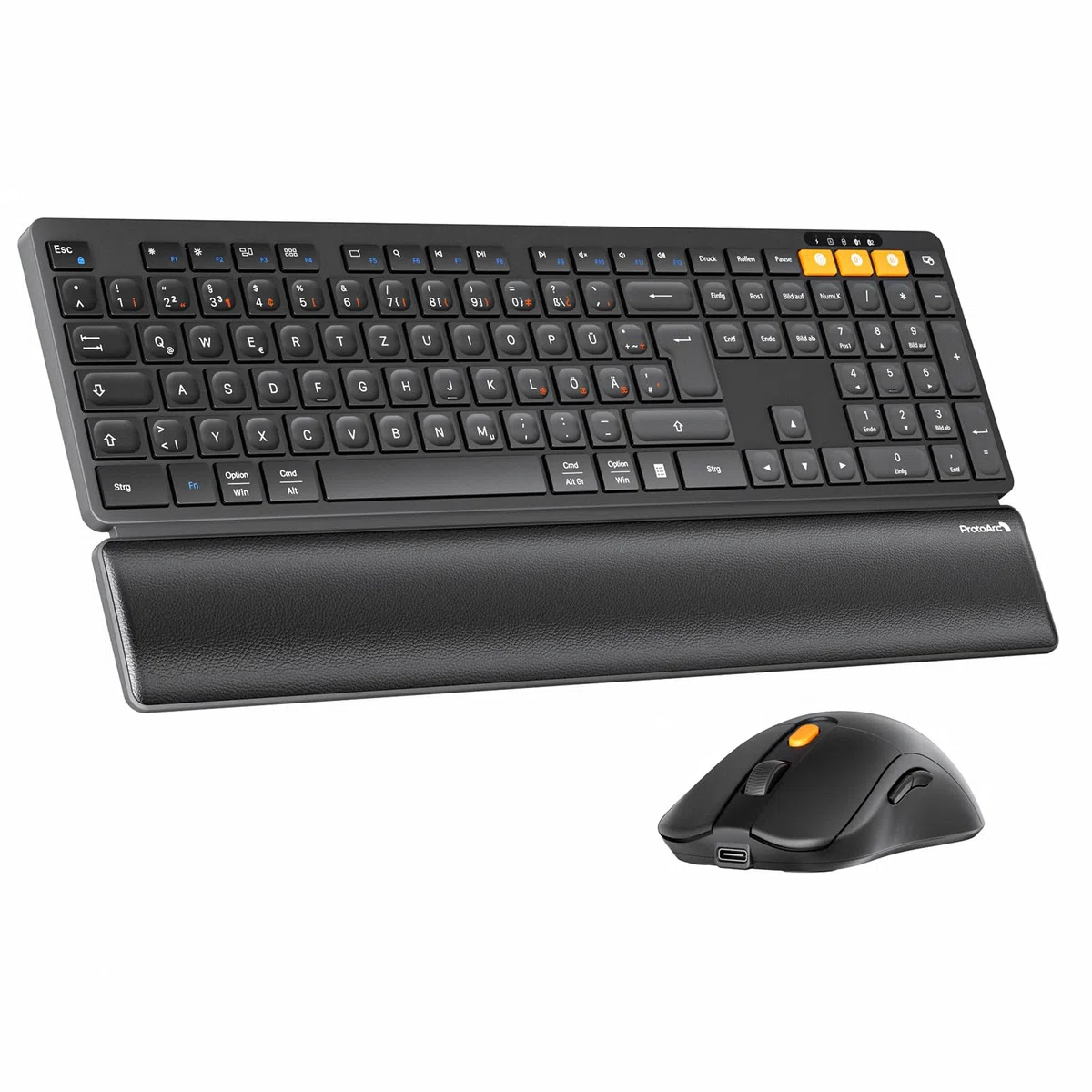 ProtoArc Kabellos Bluetooth Tastatur Maus Set, KM60 Full-Size Tastatur und Maus mit Handballenauflage, Wiederaufladbar, 2.4GHz + Dual Bluetooth, QWERTZ Deutsch, für PC, Computer, Mac, Windows, Schwarz
