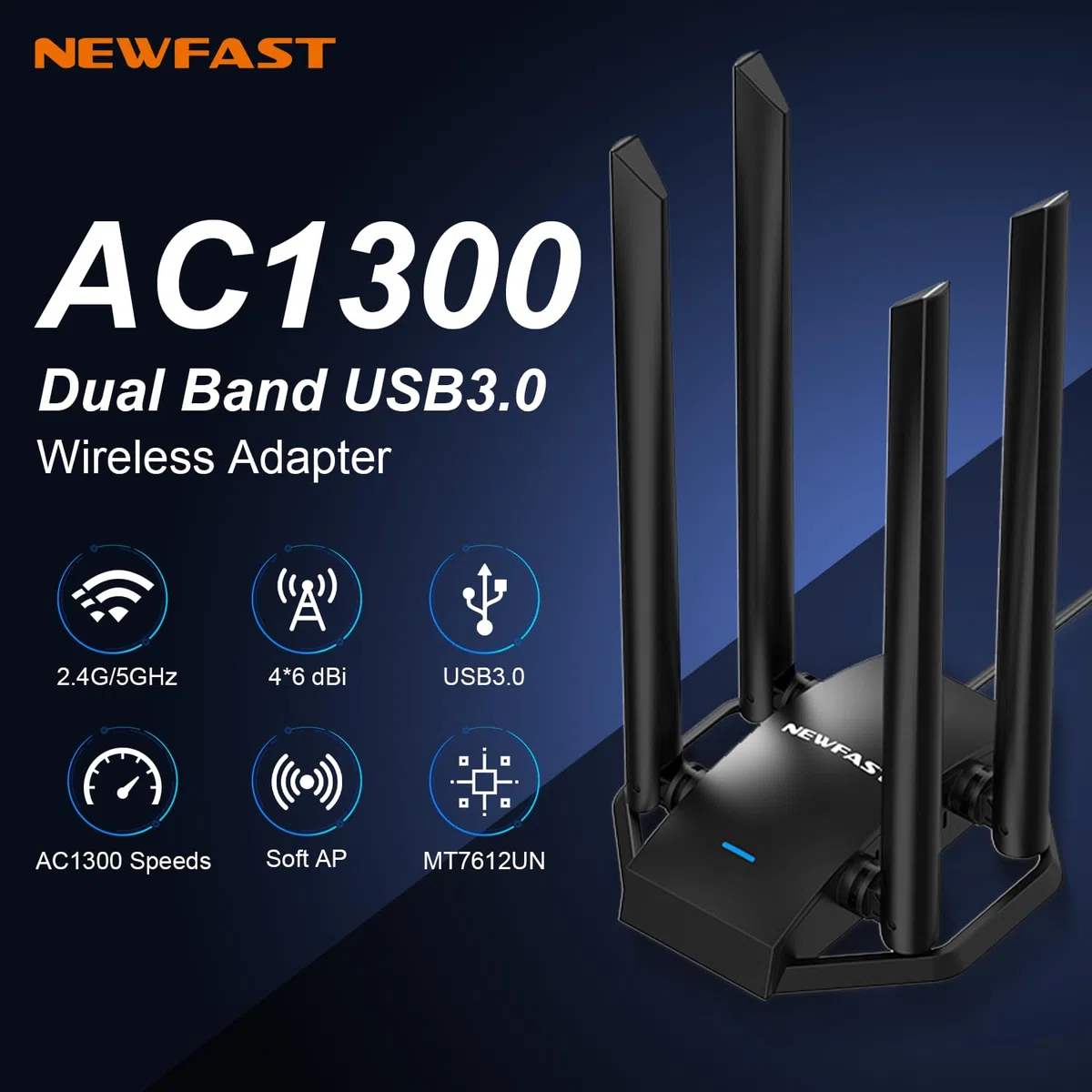 NEWFAST 1300 Mbit/s WLAN Stick für PC,Leistungsstarker WiFi Adapter mit 4x6dBi High Gain Antennas,WLAN Adapter Dual-Band (5GHz/2.4GHz),WPA3-Encryption,MU-MIMO,Only for Windows 11/10/8.1/8/7/XP