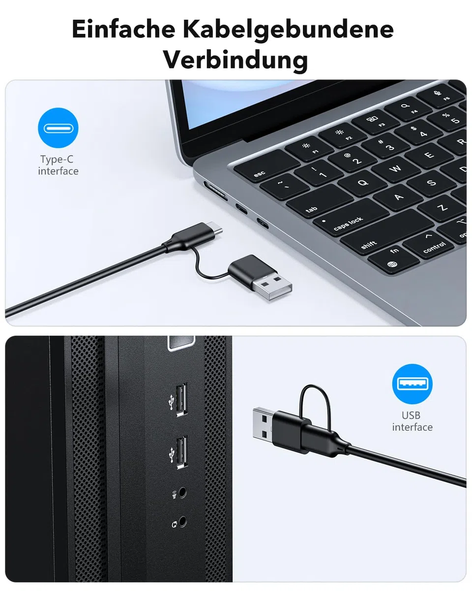 OMOTON Beleuchtete Tastatur, Kabel PC Tastatur, QWERTZ Weiß Beleuchtet mit großem Druck, 2 in 1 USB A/C- Für Senioren, Kinder, Sehbehinderte für Windows mit Multimedia-Tasten