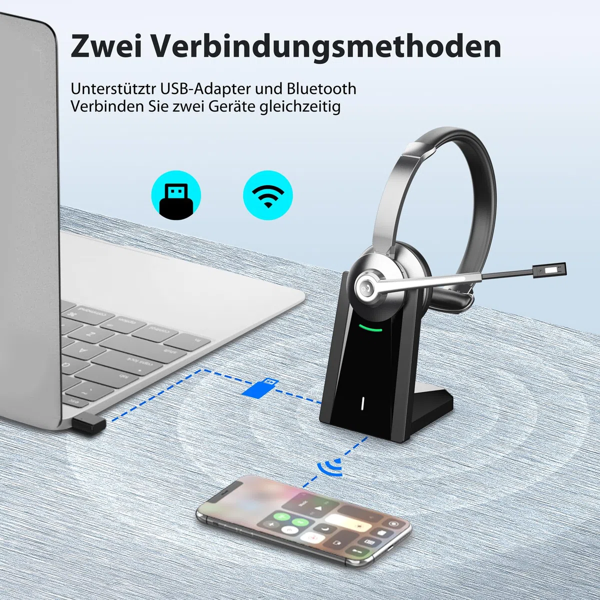 Bluetooth Headset mit Mikrofon，Kabelloses Headset mit USB Dongle & Ladestation, Wireless Office Headset mit Stummschaltung & Rauschunterdrückung Mikrofon für Computer/Call Center/Büro/HomeOffice/Teams