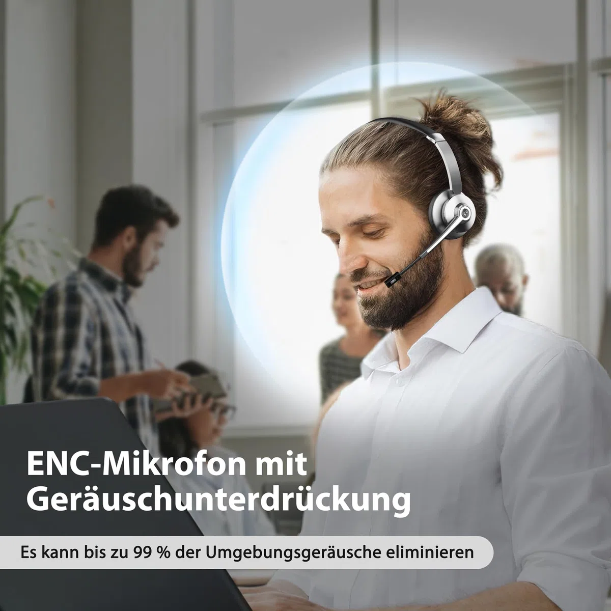 Bluetooth Headset mit Mikrofon，Kabelloses Headset mit USB Dongle & Ladestation, Wireless Office Headset mit Stummschaltung & Rauschunterdrückung Mikrofon für Computer/Call Center/Büro/HomeOffice/Teams