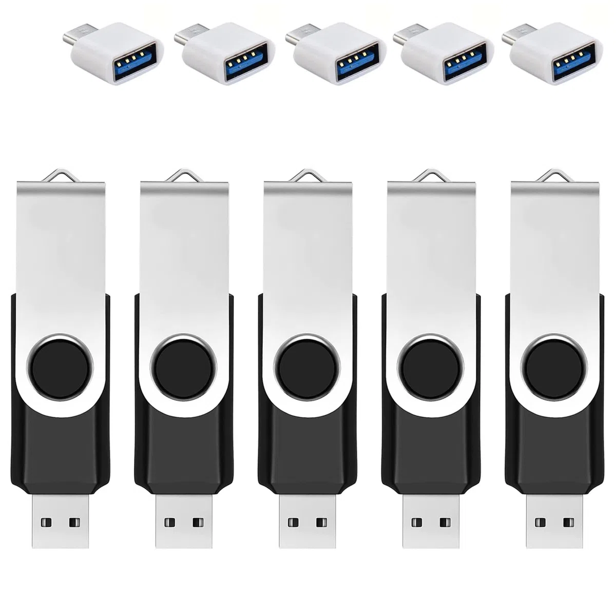 5 Pack 64GB USB Stick mit Type-C Adapter & Speicherbox, USB 2.0 Flash Drive, 360° drehbarer Speicherstick für Handy/Pad/PC/Laptop/Android - Schwarz （5-Pack 64GB）