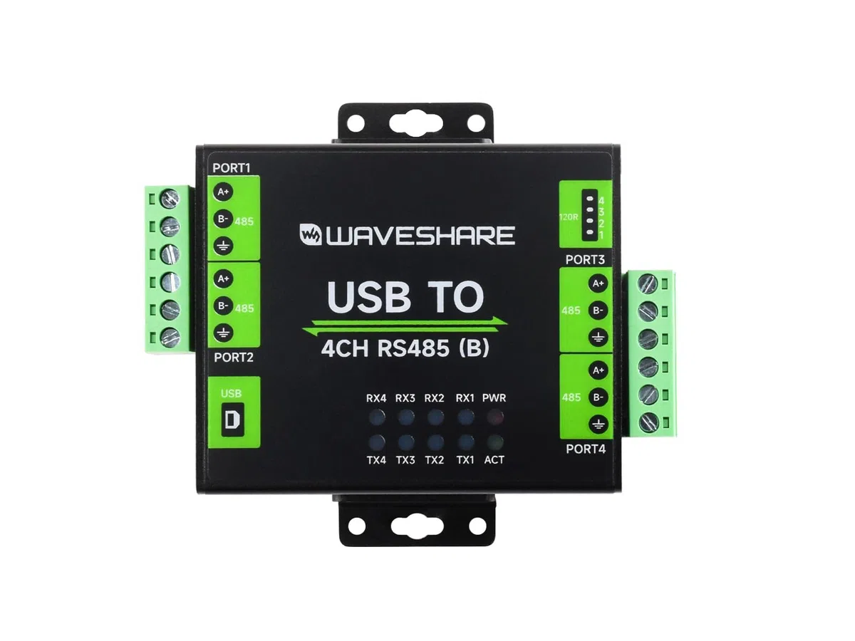 Waveshare Industrial Isolated USB to 4-Ch RS485 Converter (B), CH344L Chip, Multi Protection Circuits, Multi Systems Support, Aluminium Alloy Case, Wall-Mount & Rail-Mount Support