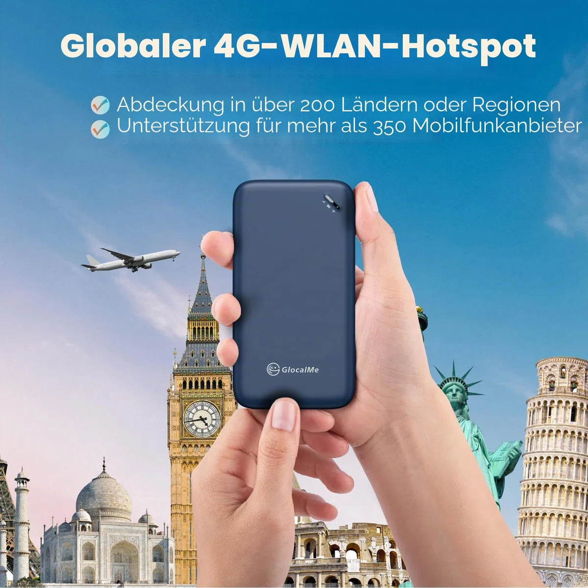 GlocalMe UPP 4G Mobiler WLAN Router, Keine SIM-Karte nötig, Keine Roaminggebühren, MiFi Geräte mit 1GB globalen Daten,Tragbarer WLAN-Router mit nur 113g (Blau)