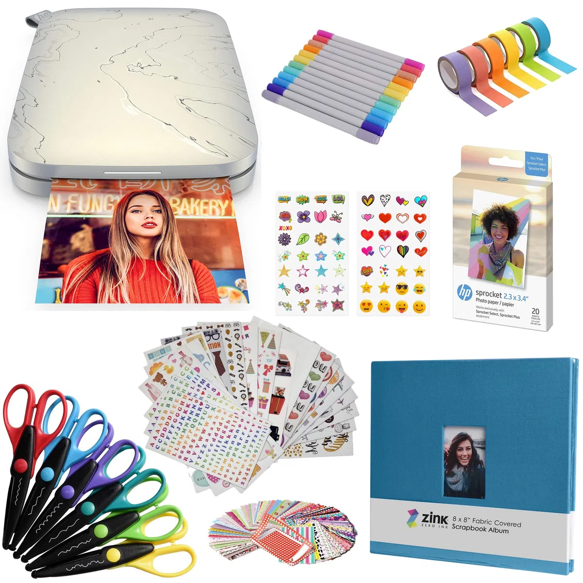 HP Sprocket Select Tragbarer Sofortbilddrucker mit 2,3 x 3,4 Zoll (Weiß) Set: Zink-Papier 20er Pack, Fotoalbum, Schere, Marker, Stickersets.