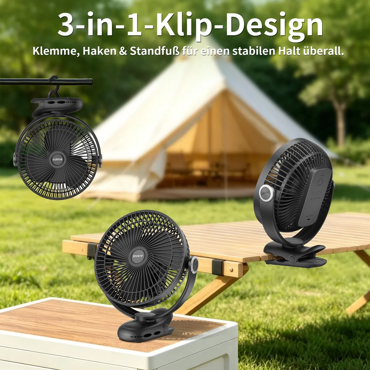 20cm Tragbarer Clip-On-Ventilator, 10000mAh Akku-Ventilator mit Clip für Kinderwagen, 720 Grad Drehung, 4 Geschwindigkeiten, USB-Tischventilator für Büro, Reisen im Freien, Camping(Schwarz)