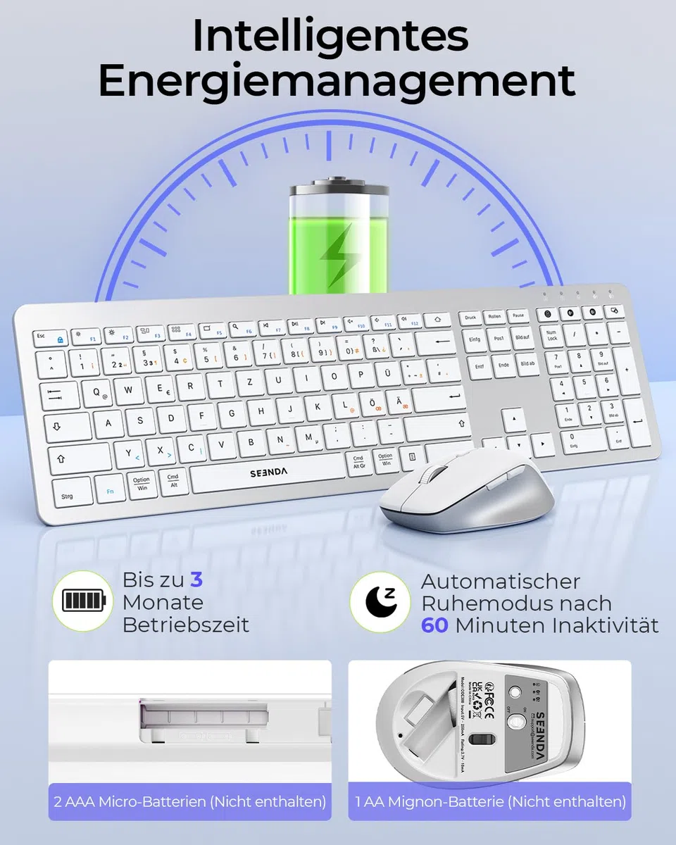 Seenda COE300 Tastatur Maus Set Kabellos, Dual-Bluetooth + 2,4 GHz USB, Ultra-Dünne Bluetooth Tastatur mit Maus für Windows, Mac OS, Laptops, iPads und Tablets, QWERTZ Layout Weiß und Silber