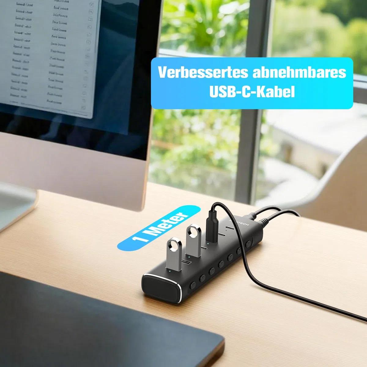RSHTECH Alle 7 Anschlüsse sind USB-C Hub 3.2 mit Netzteil - Aktiver Verteiler 3.1 - Aktiv Schaltbaerer USB 3.2 Gen 2-4 Type C (10Gbps), 3 Type A (10Gbps) - Mit 12V/3A Netzteil Adapter, 1M Kabel