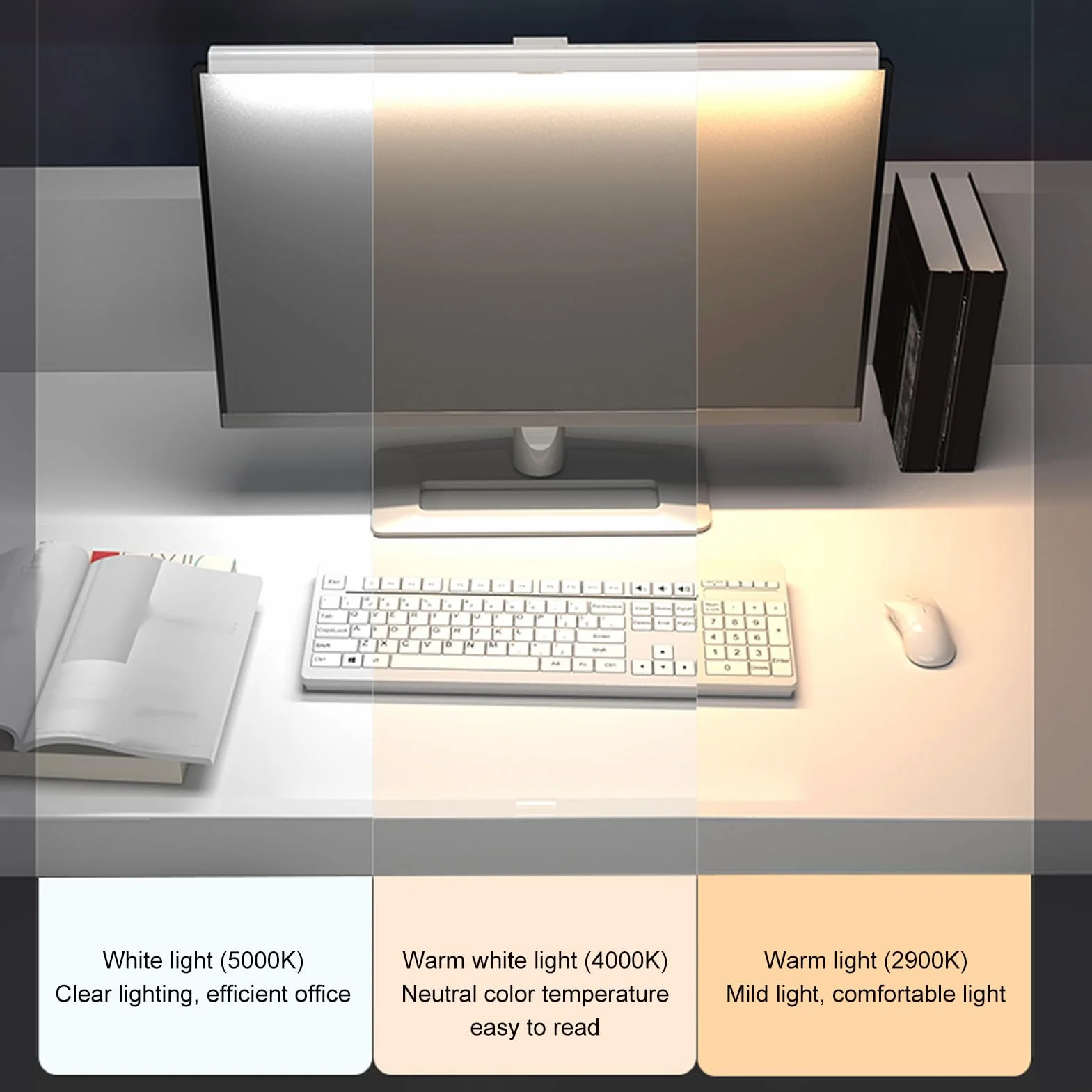 Ejoyous PC Lampe Bar 50cm, LED Laptop Beleuchtung Monitorlampe Kabellose Pc Büro Lampe Computer Bildschirmlampe Clip Verstellbar Helligkeit und Farbtemperatur Anti-blaues (White)