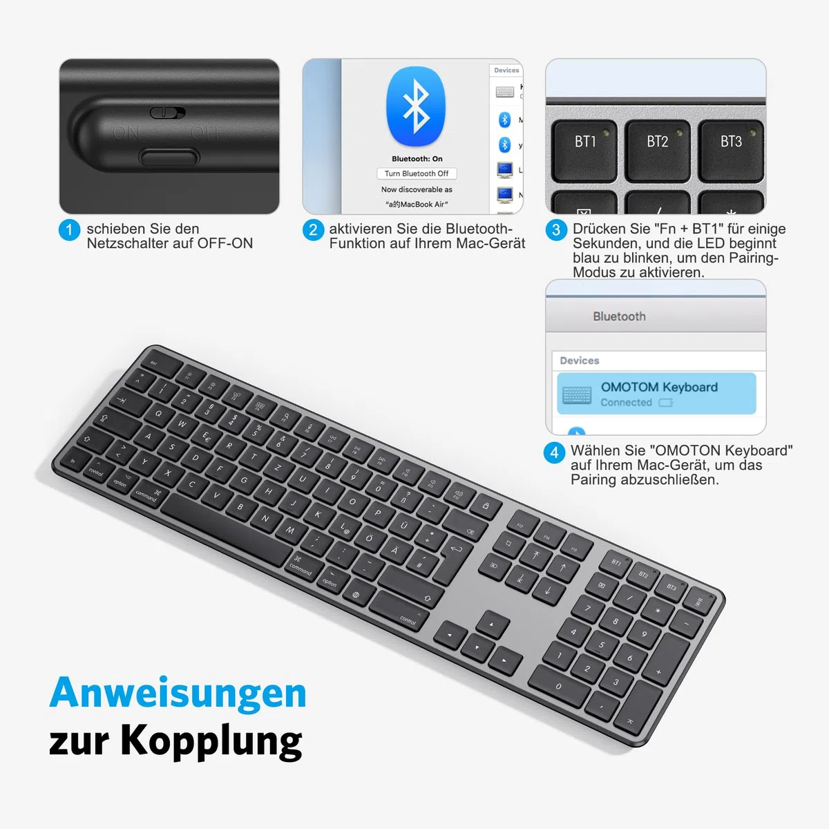 OMOTON Bluetooth Mac Tastatur, Wiederaufladbar Kabellos Tastatur mit QWERTZ DE-Layout, 3 Bluetooth-Kanäle, für MacBook Air, MacBook, iMac, iMac Pro, Mac mini, Vollformat mit Ziffernblock