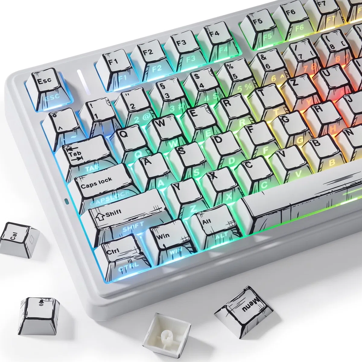 PBT German Keycaps, 133 Keys Manga White Keycap, Retro Style Side Printed Shine Through Dye Sub Keycap for Cherry MX Switch ISO QWERTZ Layout Mechanical Keyboards