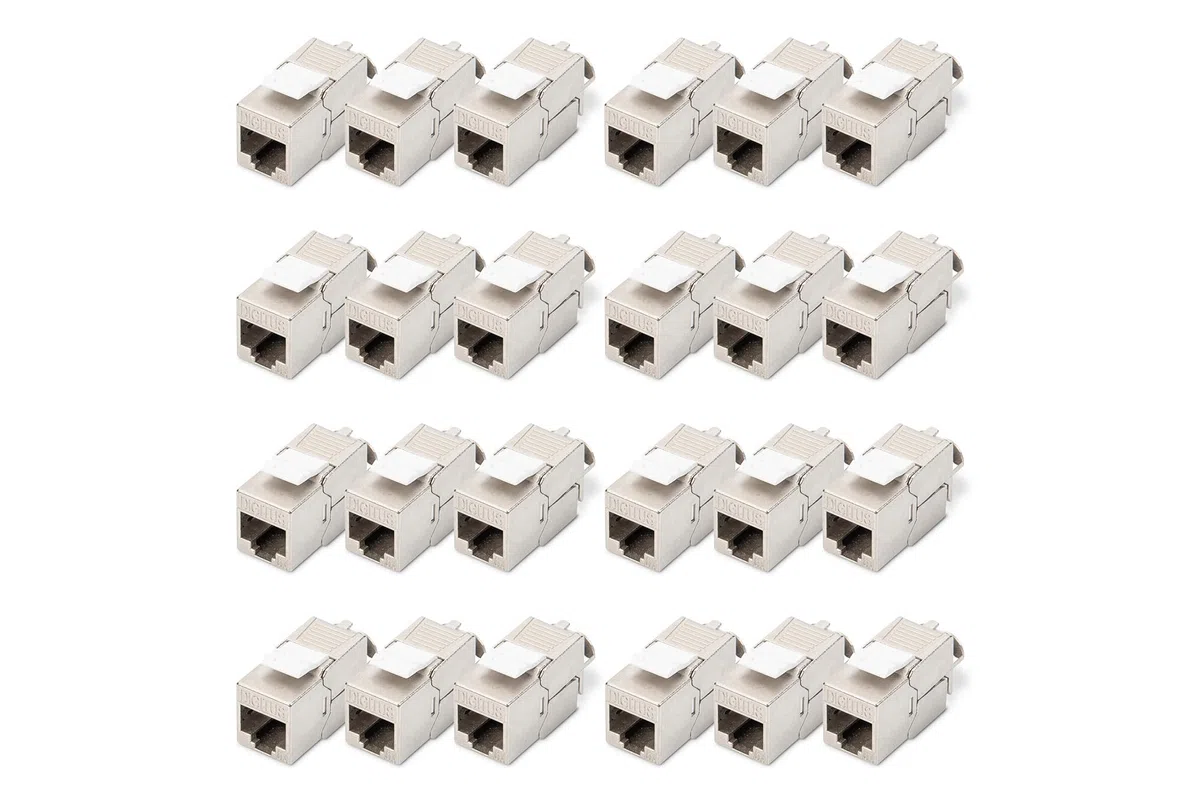 DIGITUS Keystone-Modul Cat 6A – 24 Stück – Geschirmt – 500 MHz 10Base-T | Werkzeugfrei – LSA – PoE++ – AWG 26-22 – RJ45 Buchse – 10 Gbit/s – Für Anschlussdosen und Patchfelder