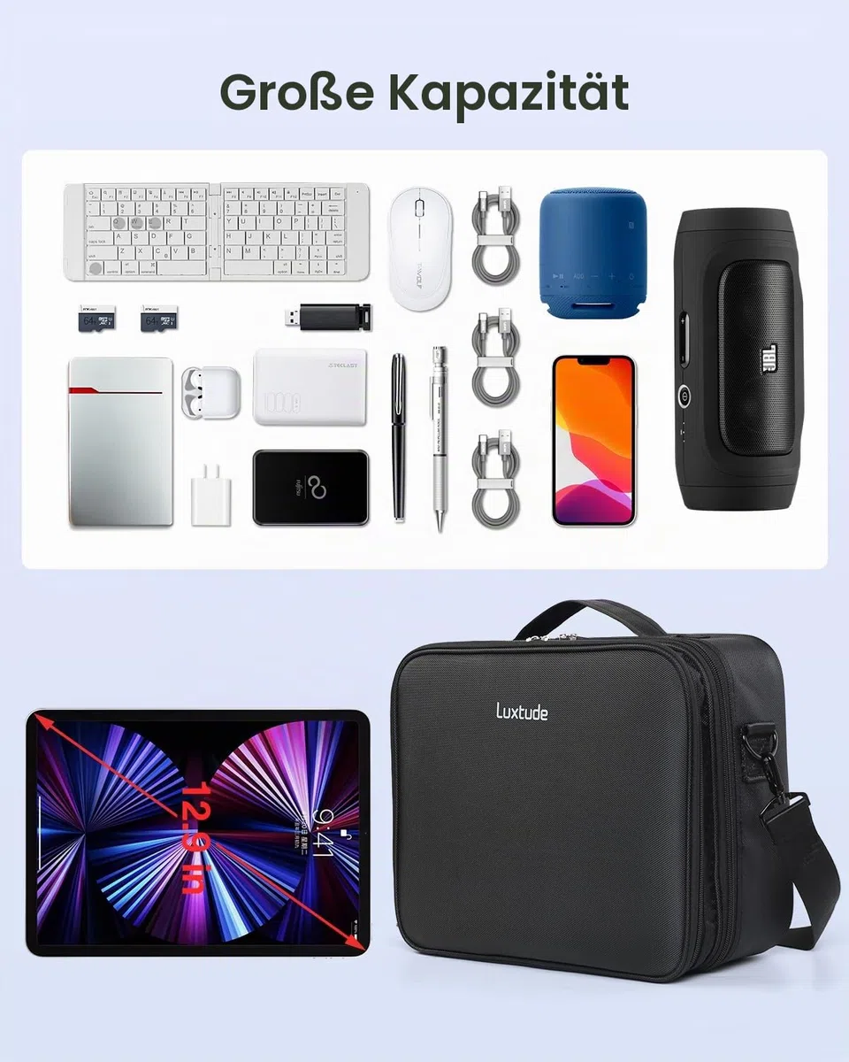 Luxtude Elektronischer Organizer, Reisetasche, groß, doppellagig, Tech-Tragetasche, Kabel-Organizer, Tasche, große Ladegerät-Tasche, Elektronik-Hülle für iPad (bis zu 12,9 Zoll)