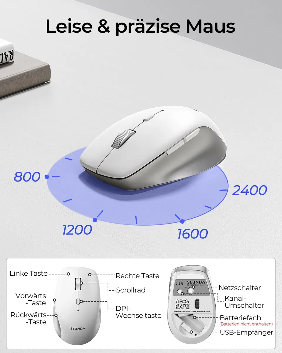 Seenda COE300 Tastatur Maus Set Kabellos, Dual-Bluetooth + 2,4 GHz USB, Ultra-Dünne Bluetooth Tastatur mit Maus für Windows, Mac OS, Laptops, iPads und Tablets, QWERTZ Layout Weiß und Silber