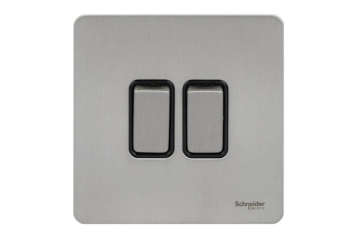 Schneider Electric Ultimate Doppelte 2-Wege-Schalter-Blende 16AX, schraublos, Edelstahl, Schwarz