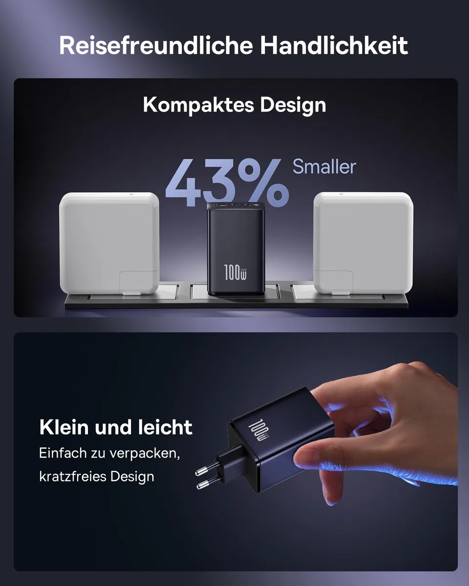 Baseus Enerfill USB C Ladegerät 100W, 3-Ports USB C Netzteil, PD Ladegerät mit PPS, GaN Schnellladegerät kompatibel mit MacBook Pro/Air, iPad, Laptop, iPhone 17/16/15/14, Galaxy S25, Pixel, Schwarz