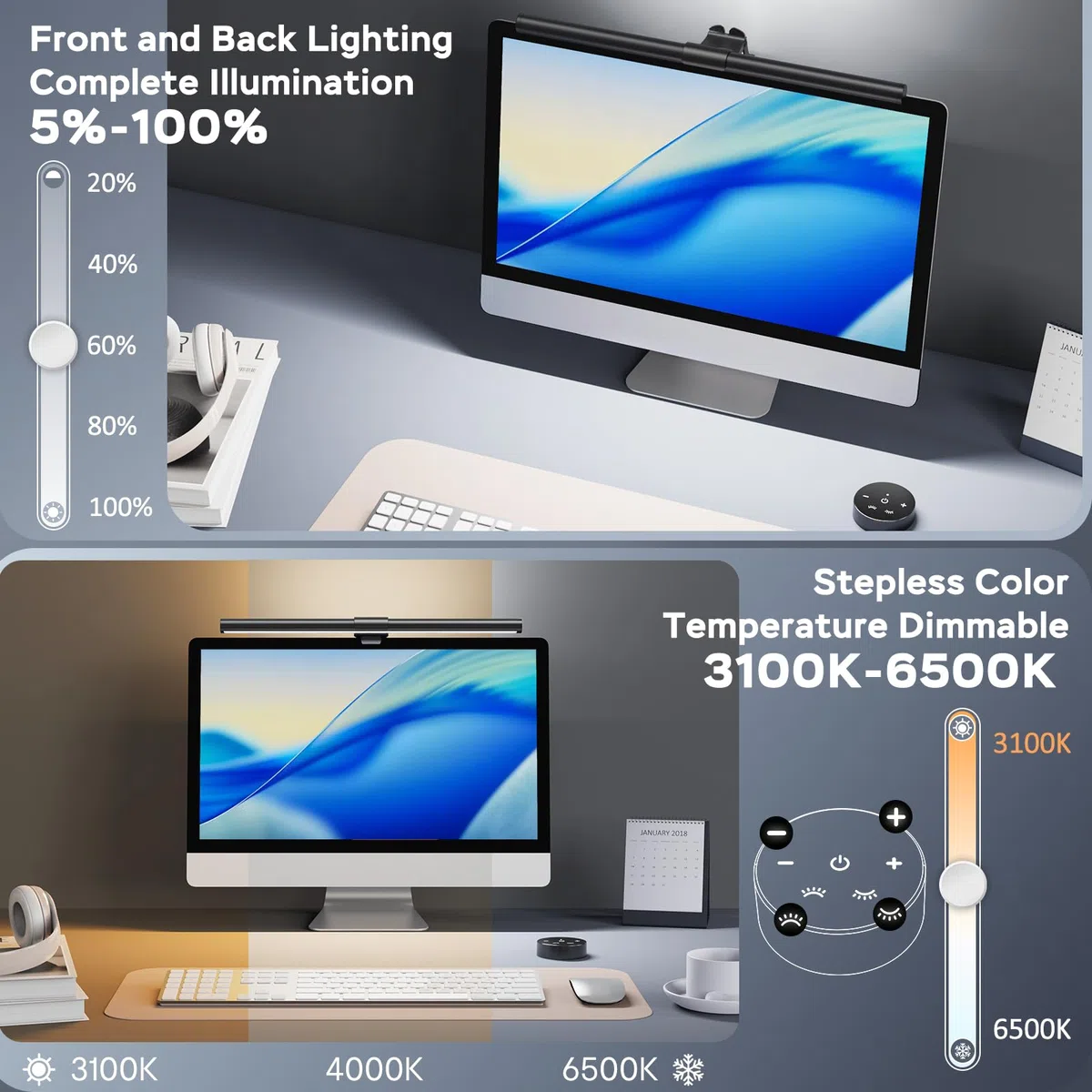 OOWOLF LED Monitor Lampe mit Fernbedienung, 41cm USB Augenpflege Bildschirmlampe mit Hauptlicht Hintergrundbeleuchtung, Dimmbar, einstellbare Farbtemperatur, Kein Bildschirm Blendung oder Flimmern