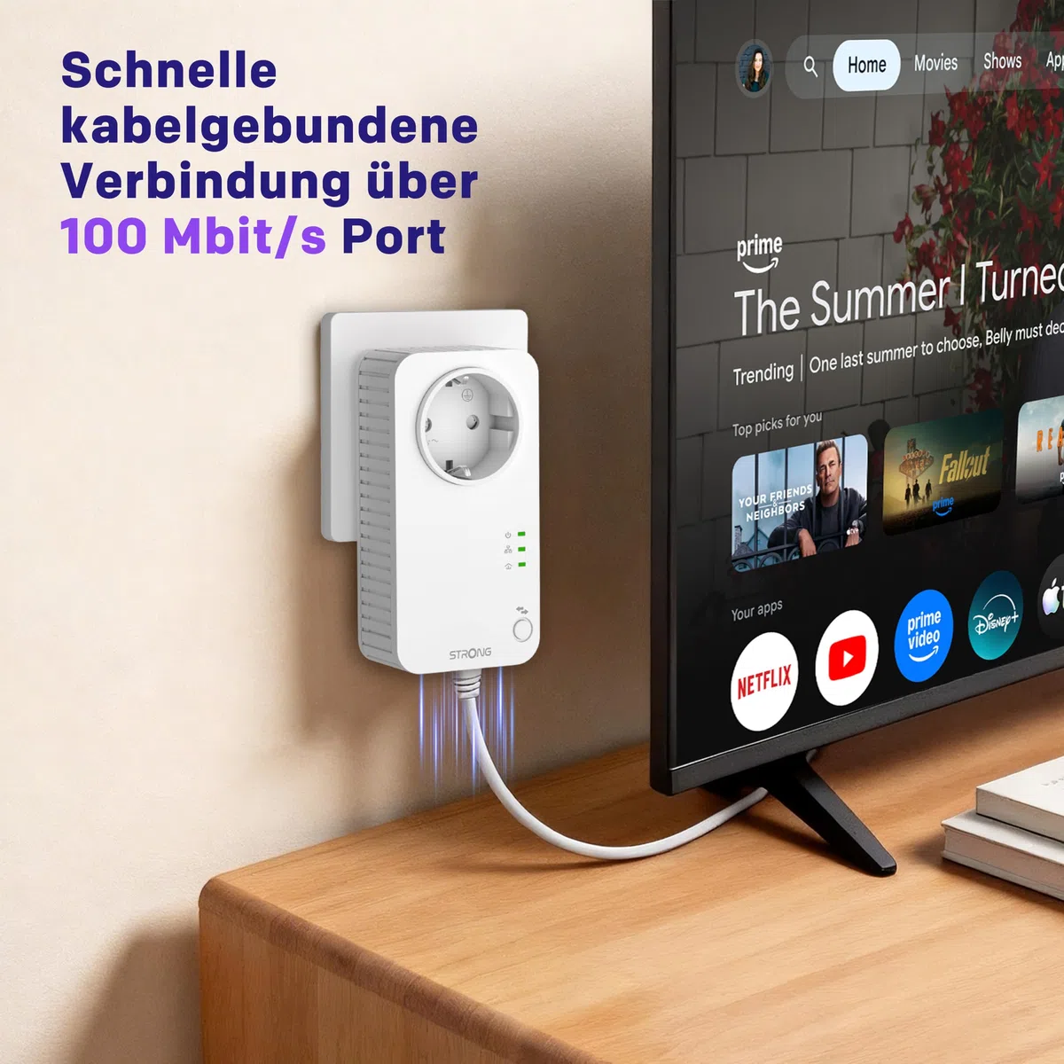 STRONG AV600 Mbit/s Powerline Adapter Setmit Steckdose, HomePlug AV2 Powerline Internet Verstärker, Plug & Play, EIN-Knopf-Sicherheit, Energiesparmodus, 100 Mbit/s LAN Ports, ideal für TV, PC