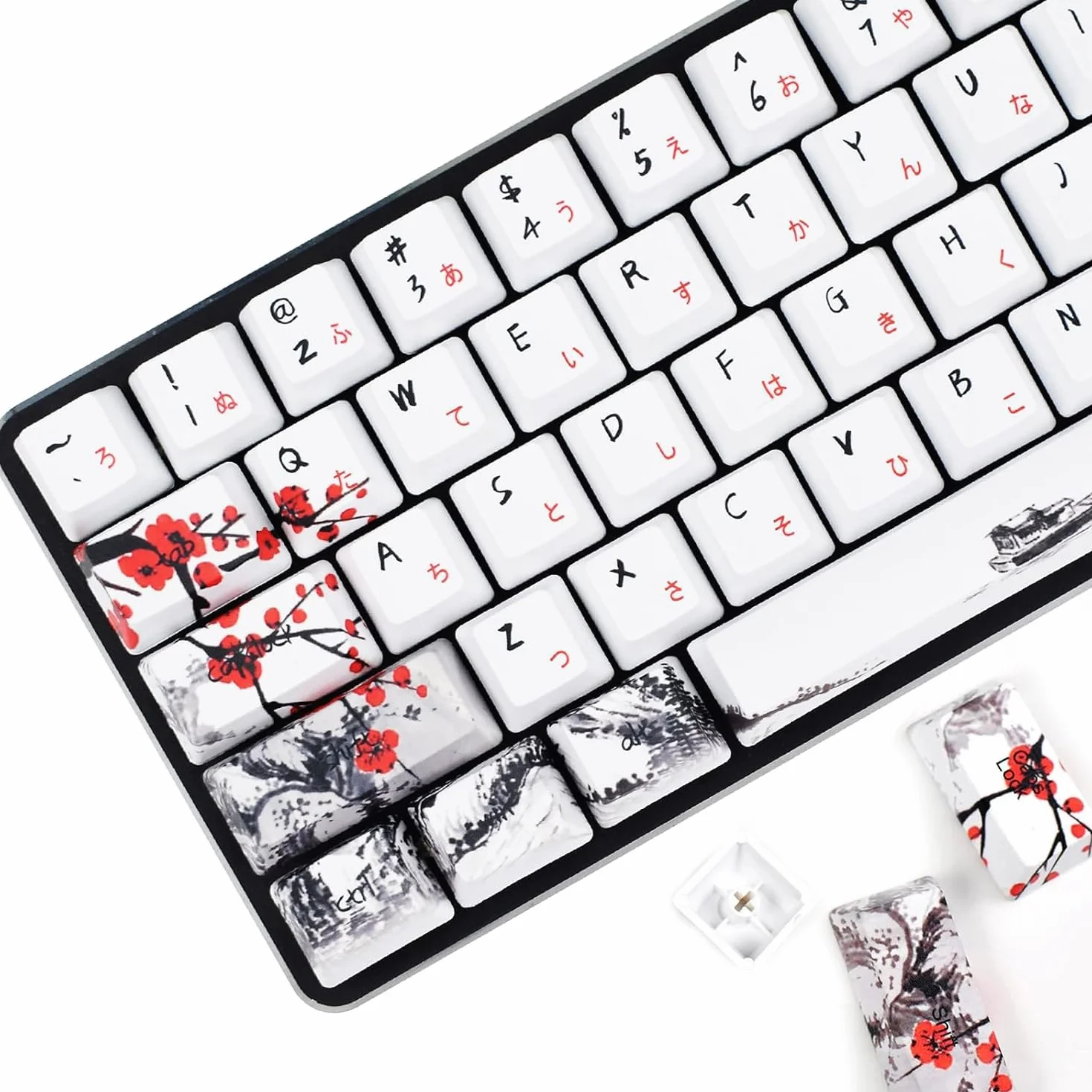 MOLGRIA Tastenkappen 71 Set für Gaming mechanische Tastatur, benutzerdefinierte PBT OEM Profile Tastenkappen japanische Schriftart für Cherry MX 71/61 60% Tastatur (Pflaumenblüte)