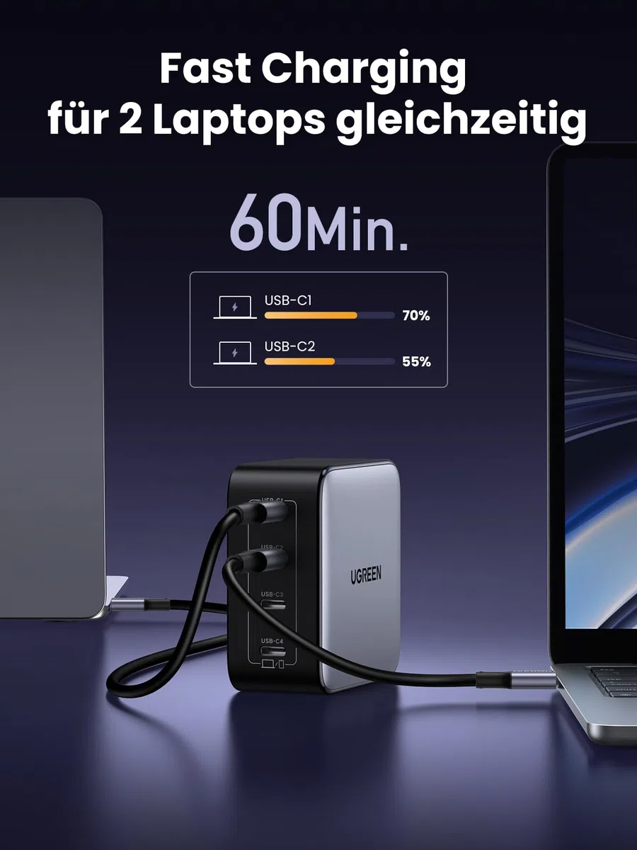 UGREEN Nexode 100W USB C Ladegerät mit 4X USB-C Ports GaN Netzteil Mehrfach PD Charger unterstützt PPS 45W kompatibel mit MacBook, HP Laptop, iPad Air, iPhone 17, Galaxy S24