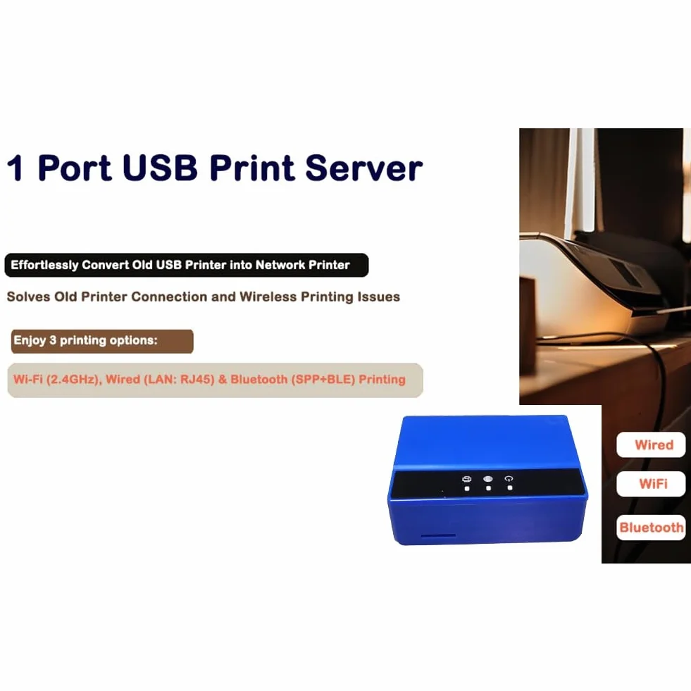 ISTOVO WiFi-Ethernet-Bluetooth-Druckserver, Verwandeln Sie Ihren USB-Drucker in Einen Kabellosen Drucker. EU-STECKER