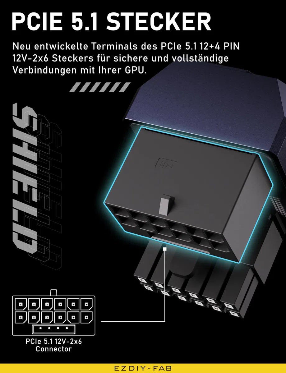 EZDIY-FAB PCIe 5.1 Adapter-600W 12+4pin,16pin 12VHPWR GPU Stecker,12V-2x6 GPU Adapter,Rechter 180 Grad Winkel-Kompatibel mit RTX 3090Ti,4070Ti,4080,4090 GPUs-RVS Typ,Lila,1Pack
