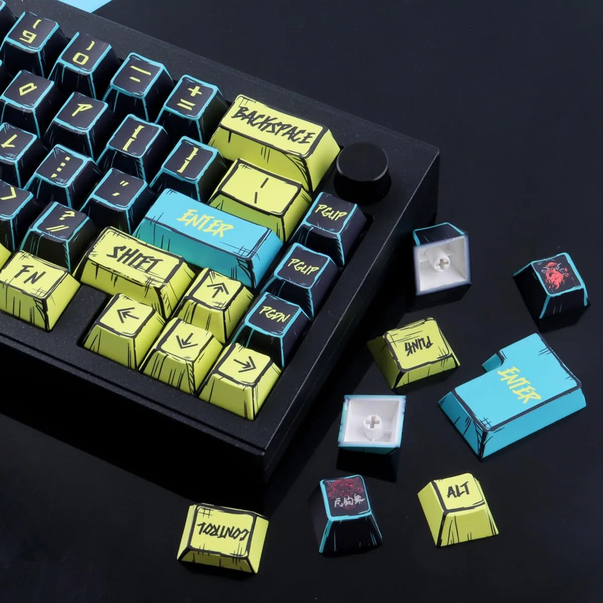 JakeTsai PBT Keycaps, 145 Keys Japanese Manga Keycaps, Cyberpunk 2077 Minimalist Style Cherry Profile Dye Sublimation Custom Keycap for Cherry Gateron MX Swithes Mechanical Keyboards