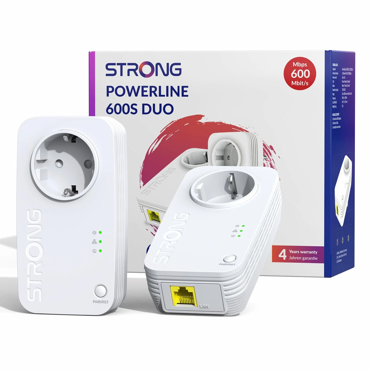 STRONG AV600 Mbit/s Powerline Adapter Setmit Steckdose, HomePlug AV2 Powerline Internet Verstärker, Plug & Play, EIN Knopf Sicherheit, Energiesparmodus, 100 Mbit/s LAN Ports, ideal für TV, PC