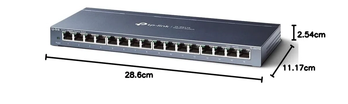 TP-Link TL-SG116 16-Port Gigabit-/Netzwerk Switch (32Gbit/S Switching-Kapazität, geschirmte RJ-45 Ports, Metallgehäuse, IGMP-snooping, Unmanaged, Plug-und-Play, lüfterlos) blau Metallic