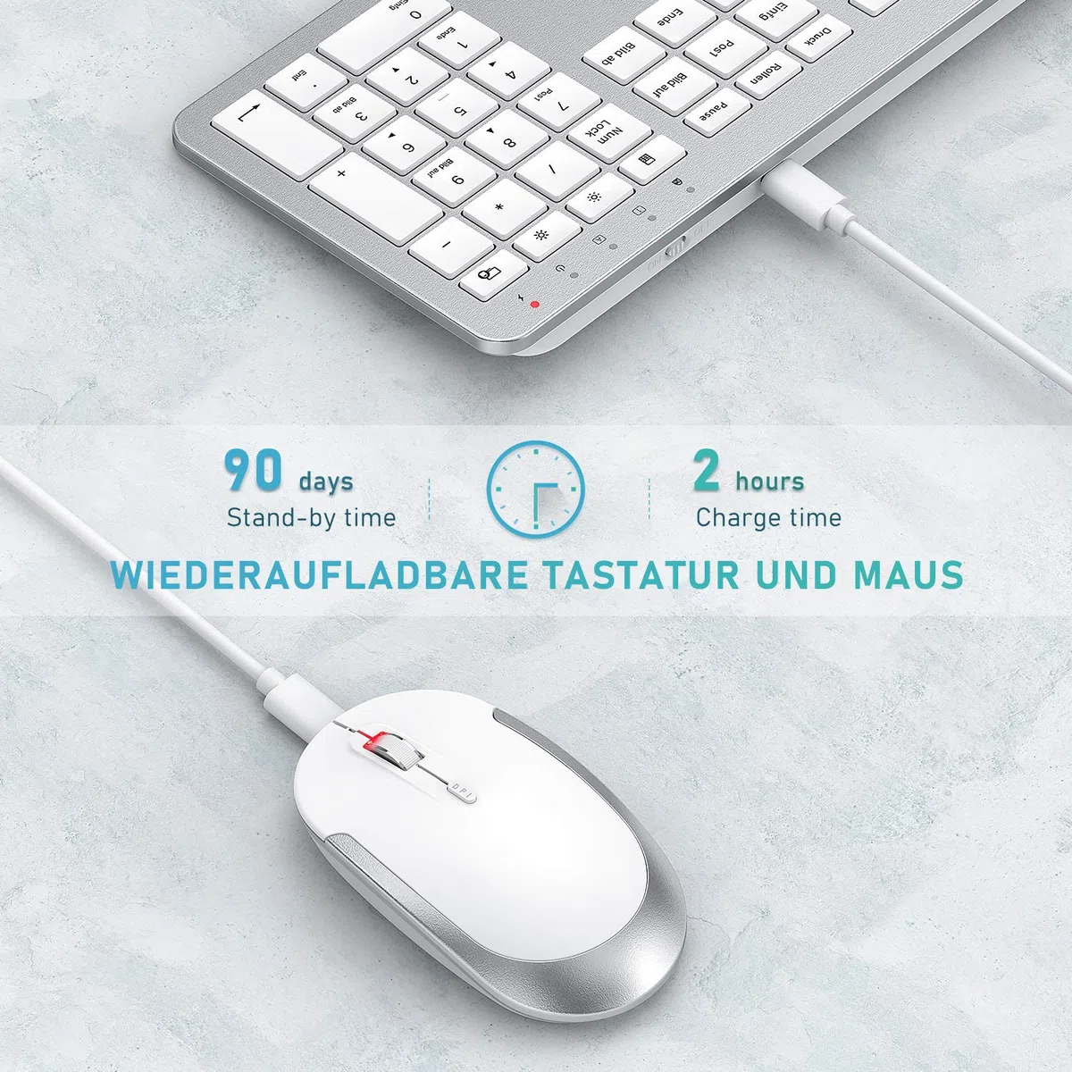 Tastatur Maus Set Kabellos, seenda SK38-3 Ultra-Dünne Wiederaufladbare Funktastatur, Ergonomische Keyboard Mouse mit Silikon Staubschutz für PC/Laptop/Smart TV, QWERTZ Layout (Weiß und Silber)