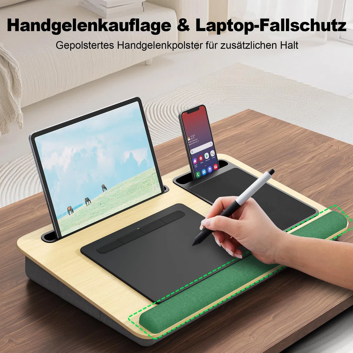 Laptopkissen für Bett mit Kissen, PUTORSEN Laptop Kissen Mausunterlage Passen bis zu 17,3 Zoll Notebook, Höhenverstellbar Lapdesk mit Tablet und Telefon Rille für Lernen, Gelb