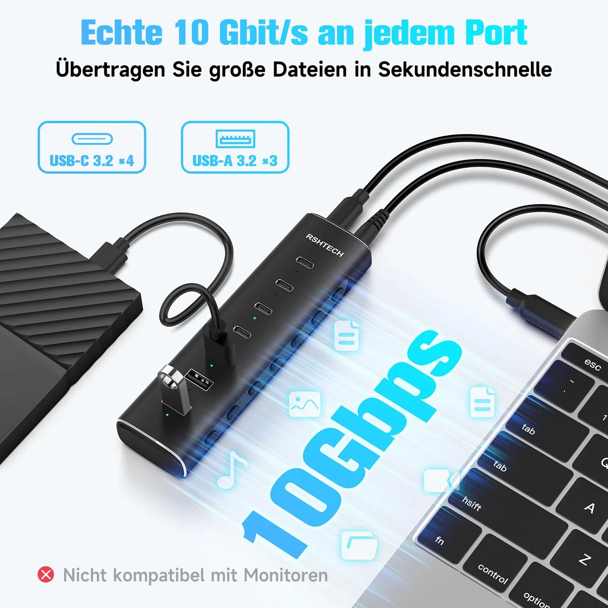 RSHTECH Alle 7 Anschlüsse sind USB-C Hub 3.2 mit Netzteil - Aktiver Verteiler 3.1 - Aktiv Schaltbaerer USB 3.2 Gen 2-4 Type C (10Gbps), 3 Type A (10Gbps) - Mit 12V/3A Netzteil Adapter, 1M Kabel