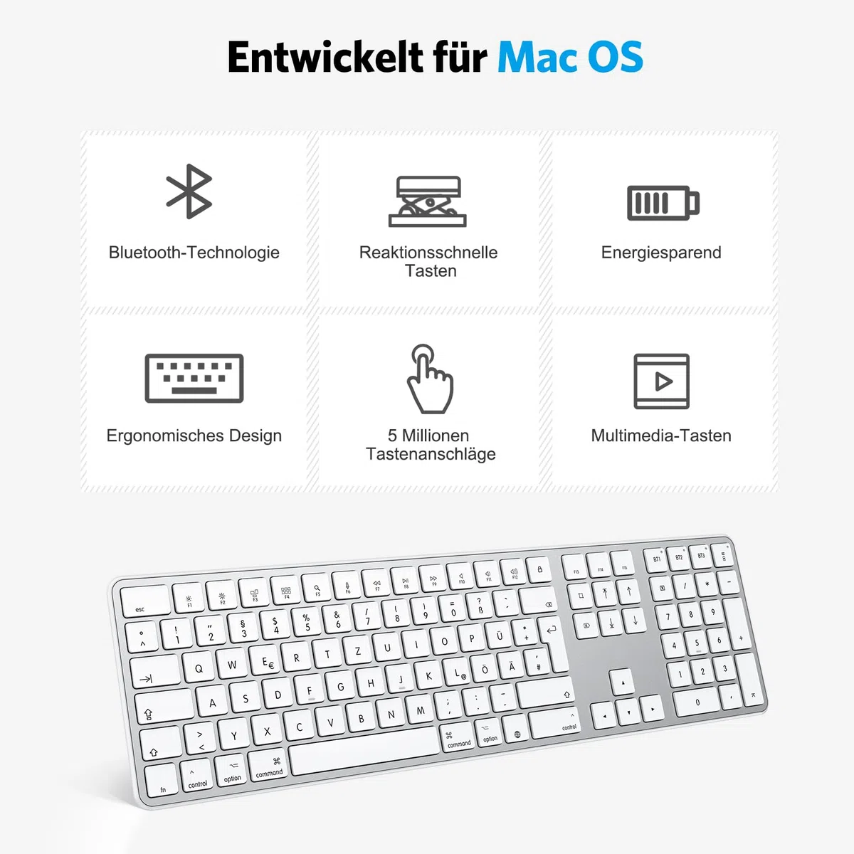 OMOTON Bluetooth Mac Tastatur, Kabellose Tastatur und für Apple MacBook Pro/Air, iMac, iMac Pro, Mac mini, wiederaufladbare mit 3 Bluetooth Kanälen, QWERTZ DE-Layout
