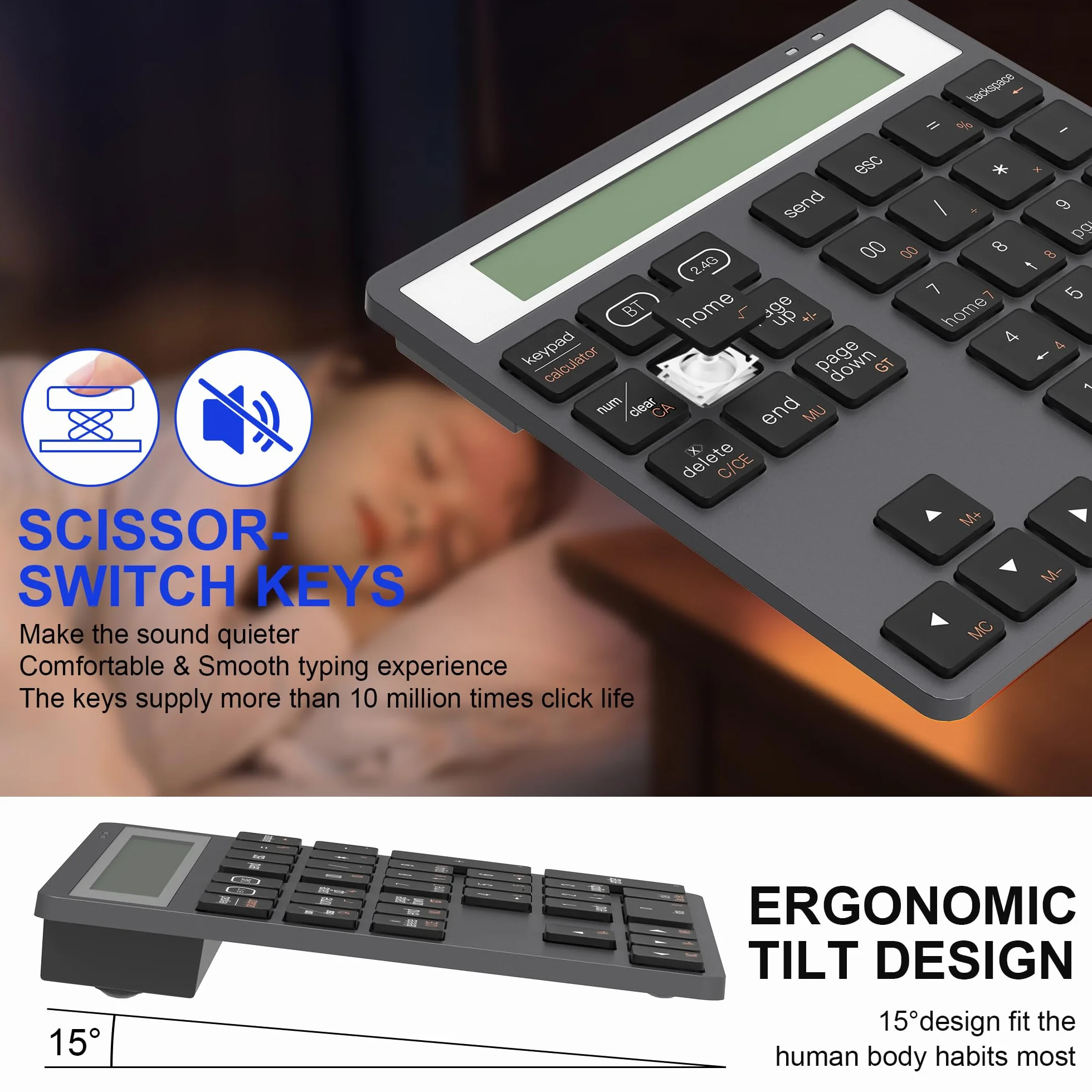 2-in-1 Ziffernblock mit Taschenrechner, 34 Leise Tasten Bluetooth 5.0&2.4G Numpad für Windows/Mac/iOS/Android, Nummernblöcke für Laptop/PC/iPhone/iPad Number Pad Ergonomisch für Excel Buchhaltung Büro