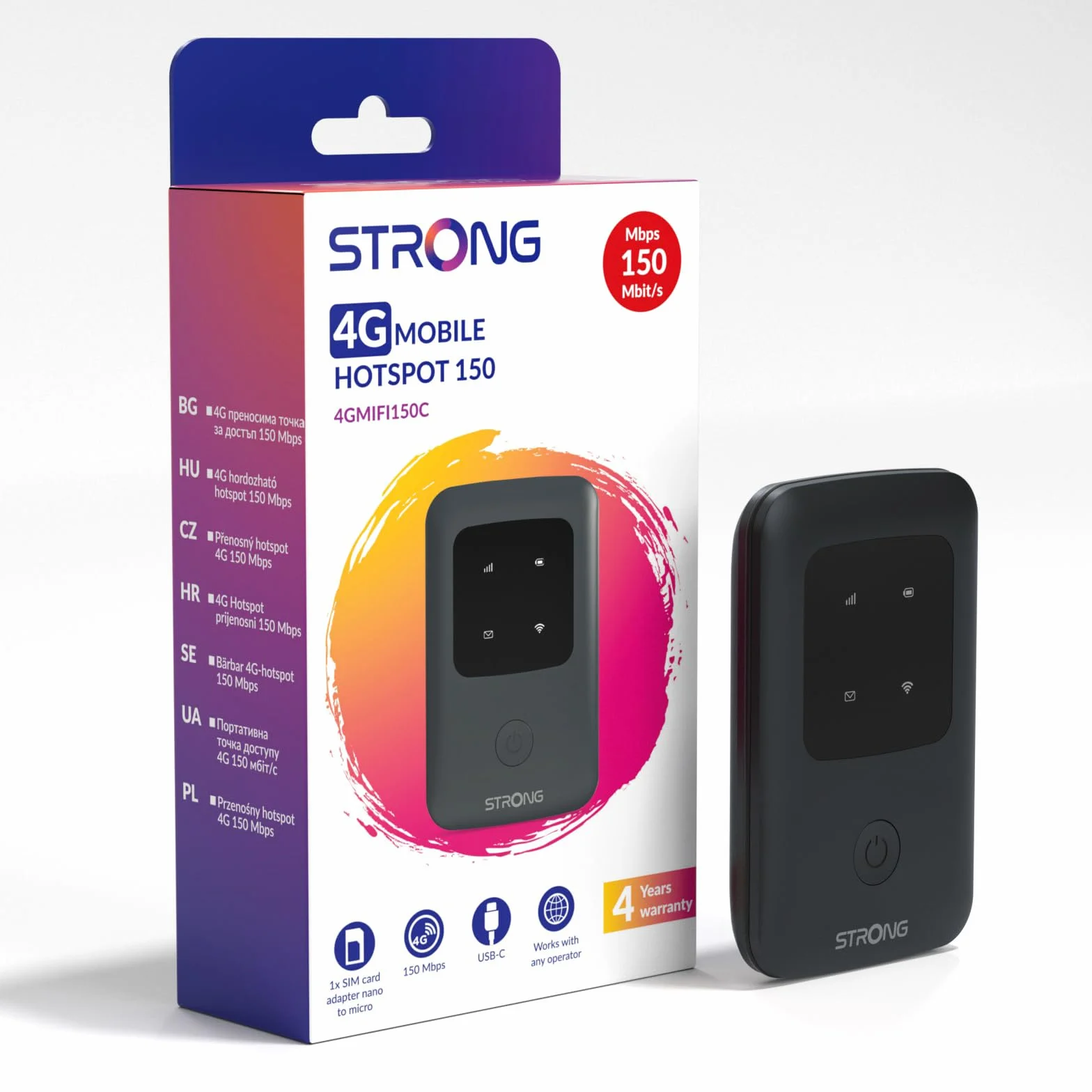 Strong 4G AIRSPOT 210 Mobiler WLAN-Router mit SIM-Steckplatz, 4G LTE CAT4 150 Mbit/s Download, Tragbarer WiFi-Hotspot für Reisen, Verbindet bis zu 10 Geräte, 2100 mAh Akku für 8 Std, USB-C-Anschluss