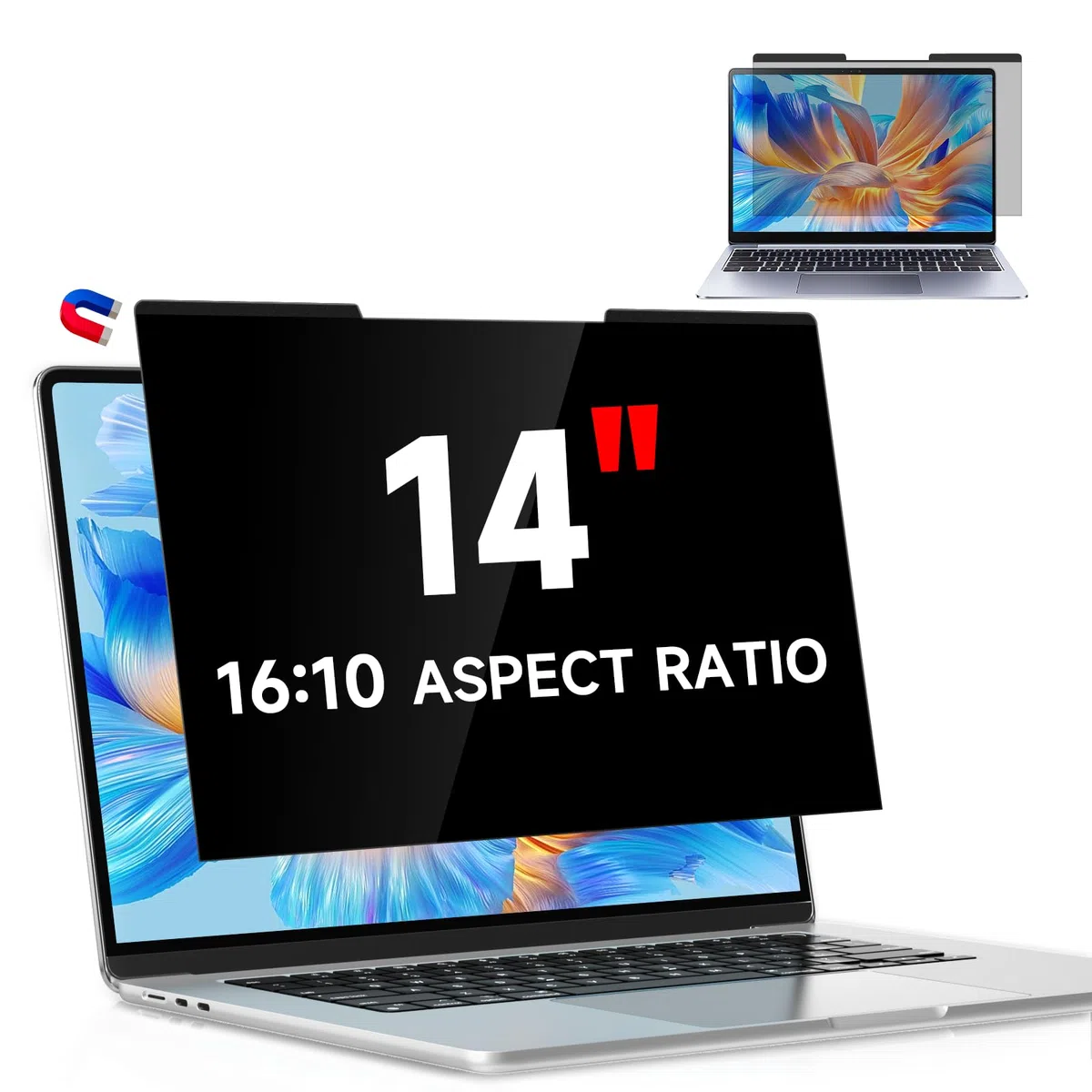 Magnetischer Laptop Blickschutzfolie 14 Zoll Seitenverhältnis 16:10, Anti Spy Blaulicht Blendfrei Sichtschutzfolie für Lenovo HP Dell Acer Asus, Abnehmbarer 14" Displayfilter