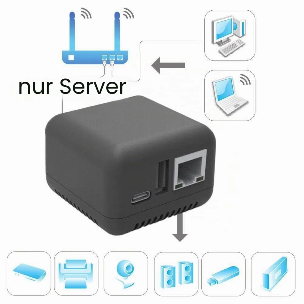 Kabelloser Mini-Druckserver-Adapter für USB-Drucker, USB-2.0-Anschluss, schneller 10/100 Mbit/s, RJ-45-LAN-Port, Ethernet, Druck-graue Netzwerkversion