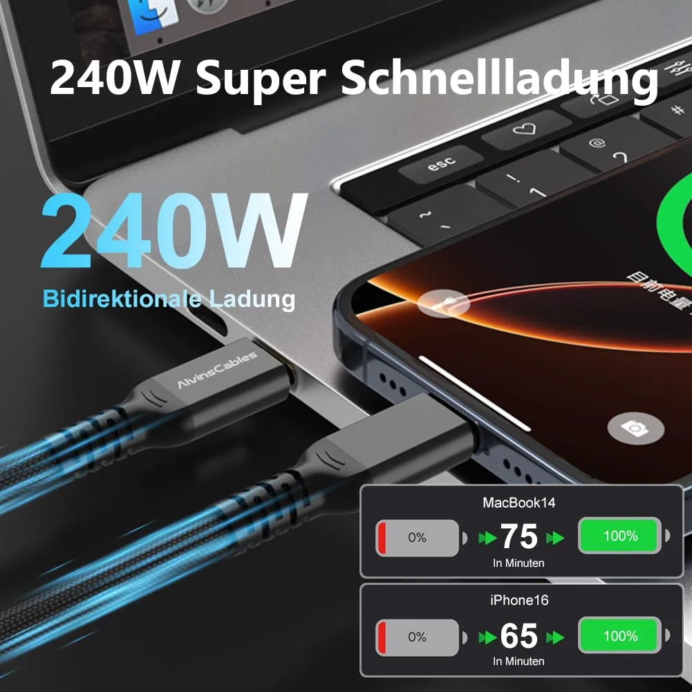 Alvin's Cables Thunderbolt 5 Kabel, 1.2m USB-C zu USB-C Kabel 120Gbps 240W PD Schnellladung 16K Display, Kompatibel mit Thunderbolt 4/3, USB4, für Macbook, eGPU, Dock, Intel Zertifiziert