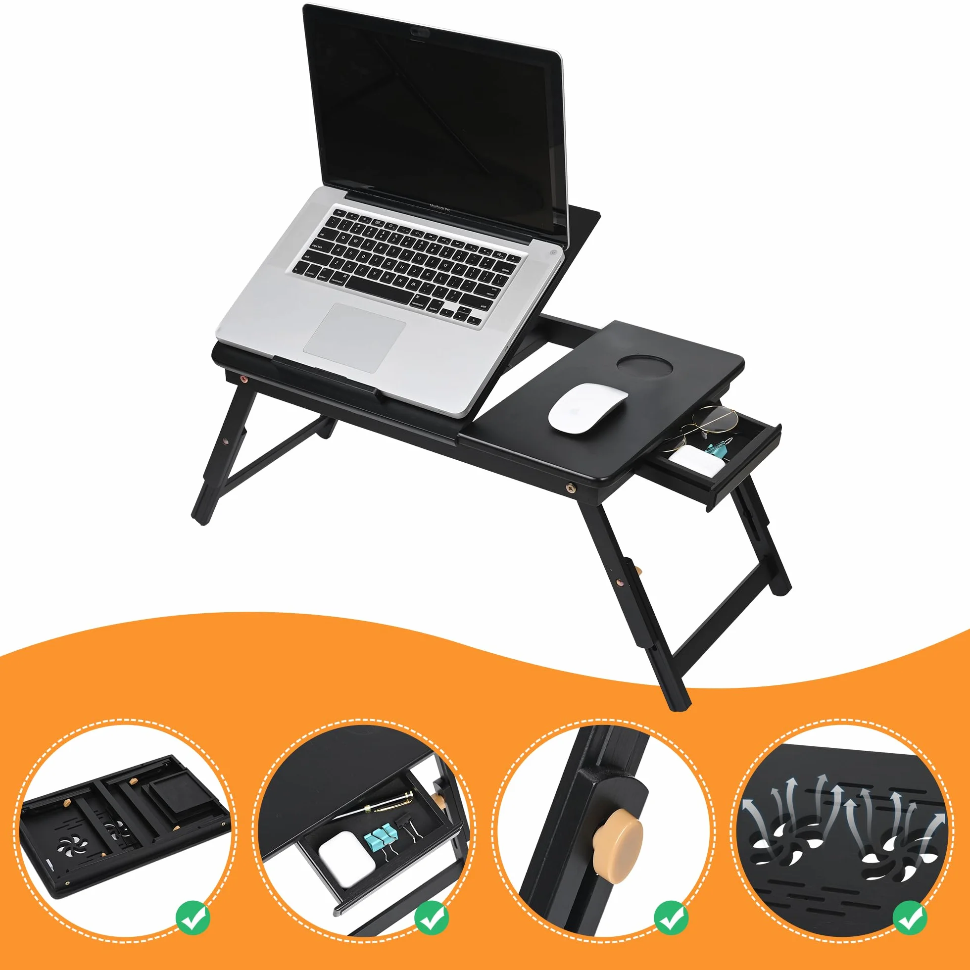 VASMIA Bambus Laptoptisch für Bett und Couch, Klapptisch, Frühstück Servierbach mit Klappbeinen, Höhenverstellbar, Bettregal, zusammenklappbar,schwarz