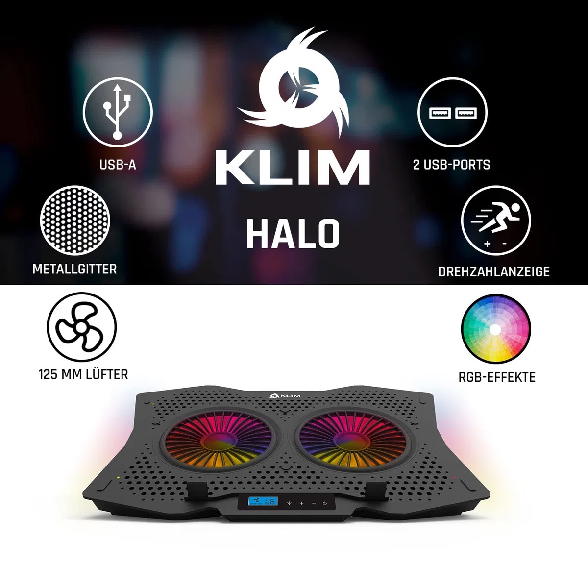 KLIM Halo + Laptop Kühler mit RGB Beleuchtung + 11" - 17" + Gaming Laptop Lüfter Pad für den Schreibtisch + USB Notebook Kühler + sehr stabil und leise + Kompatibel mit Mac und PS4 - NEU