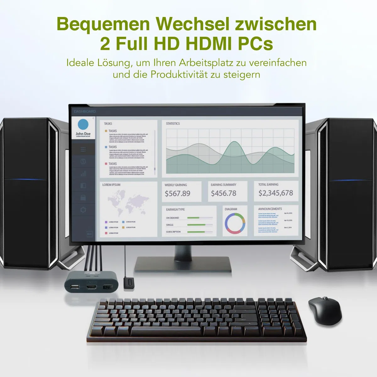 IOGEAR HDMI KVM Switch 2 PC 1 Monitor 1080@60Hz Full HD für Maus, Tastatur, Drucker mit USB/HDMI-Kabel und Fernbedienung, Plug n Play, kompatibel mit Win11/10, Mac
