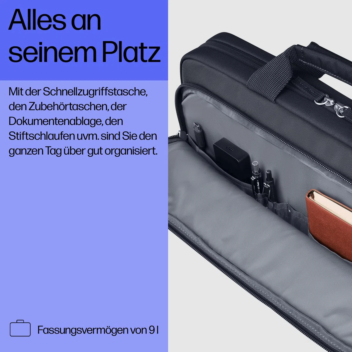 HP Everyday 14 Zoll Laptop-Tasche – Wasserabweisend, Nachhaltig, 9L Stauraum, Gepolstertes Laptopfach, Abnehmbarer Schultergurt, Trolley-Gurt, Schlüsselanhänger, Odyssey Grau