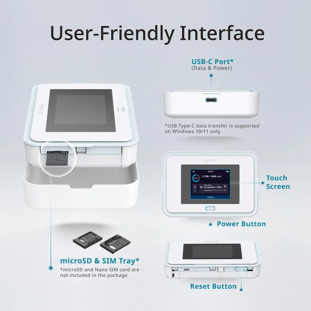 D-Link F530 5G NR AX3000 Wi-Fi 6 Mobiler Hotspot, Tragbarer 5G Router bis 7,01 Gbit/s, 2,4" Touchscreen, 32 Geräte, 5260 mAh Akku, USB-C PD, microSD, SIM-Slot, Reise WLAN Router