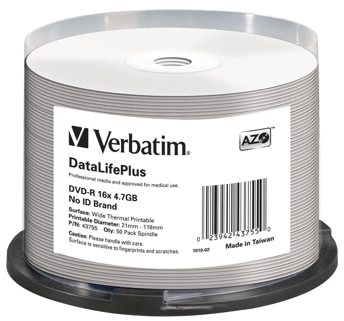 Verbatim DVD-R AZO 4.7GB 16X DL+ White Wide Thermal Printable Surface NO ID Cake 50