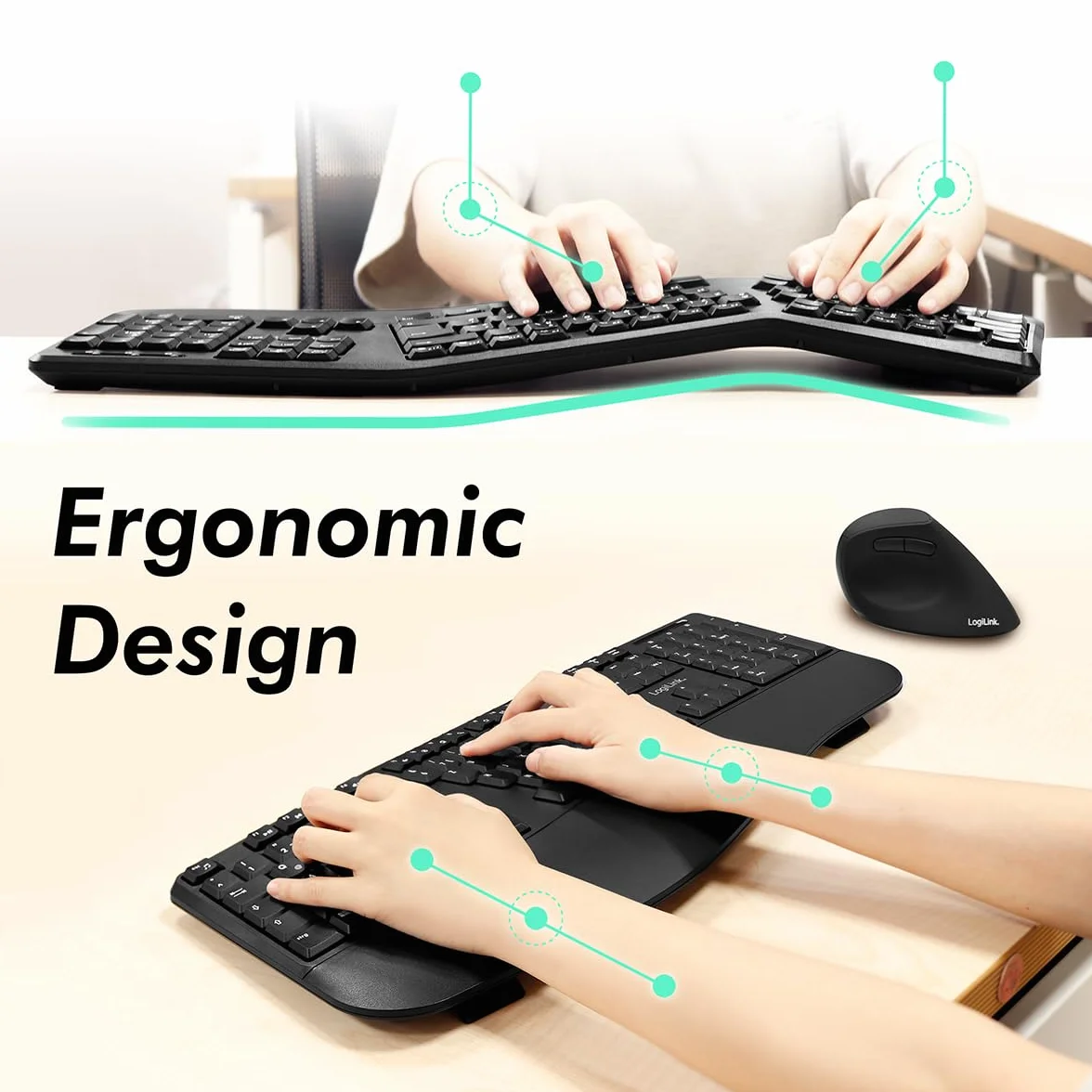 Ergonomisches Funk-Tastatur-Maus-Set mit geteilter Tastatur (mit 13 Multimedia Keys)